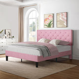 Full Size Bed Frame with Button Tufted Headboard, Linen Upholstered Platform Bed