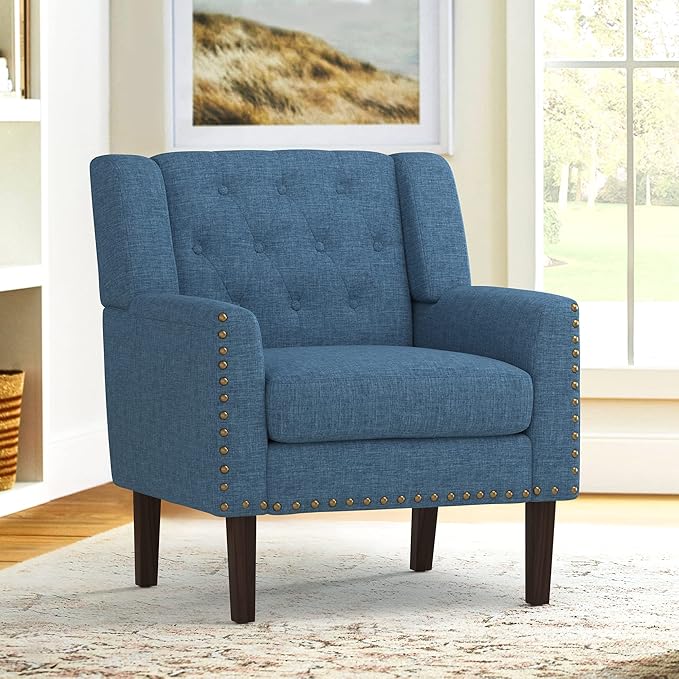 Upholstered Linen Accent Chair, Mid Century Living Room Chair 18.5", Comfy Button Tufted Arm Chair