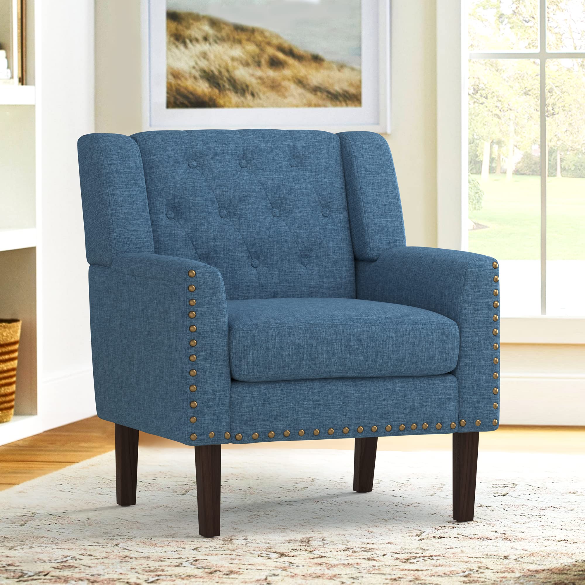 Upholstered Linen Accent Chair, Mid Century Living Room Chair 18.5", Comfy Button Tufted Arm Chair