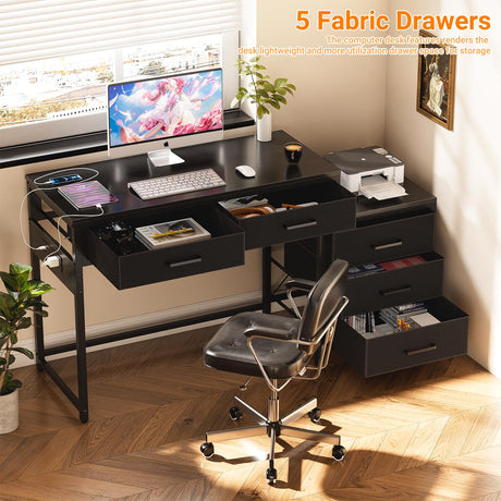 Unikito Reversible Computer Desk with 5 Drawers, Sturdy Office Desk with Power Outlets and USB Ports, Corner Writing Table with File Cabinet & Printer Stand, Vanity Desk with Storage, Black