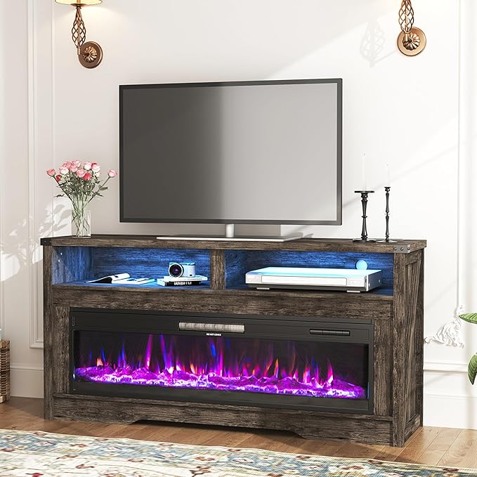 Fireplace TV Stand, Wood Texture 50" Electric Fireplace with Highlight Storage Cabinet,