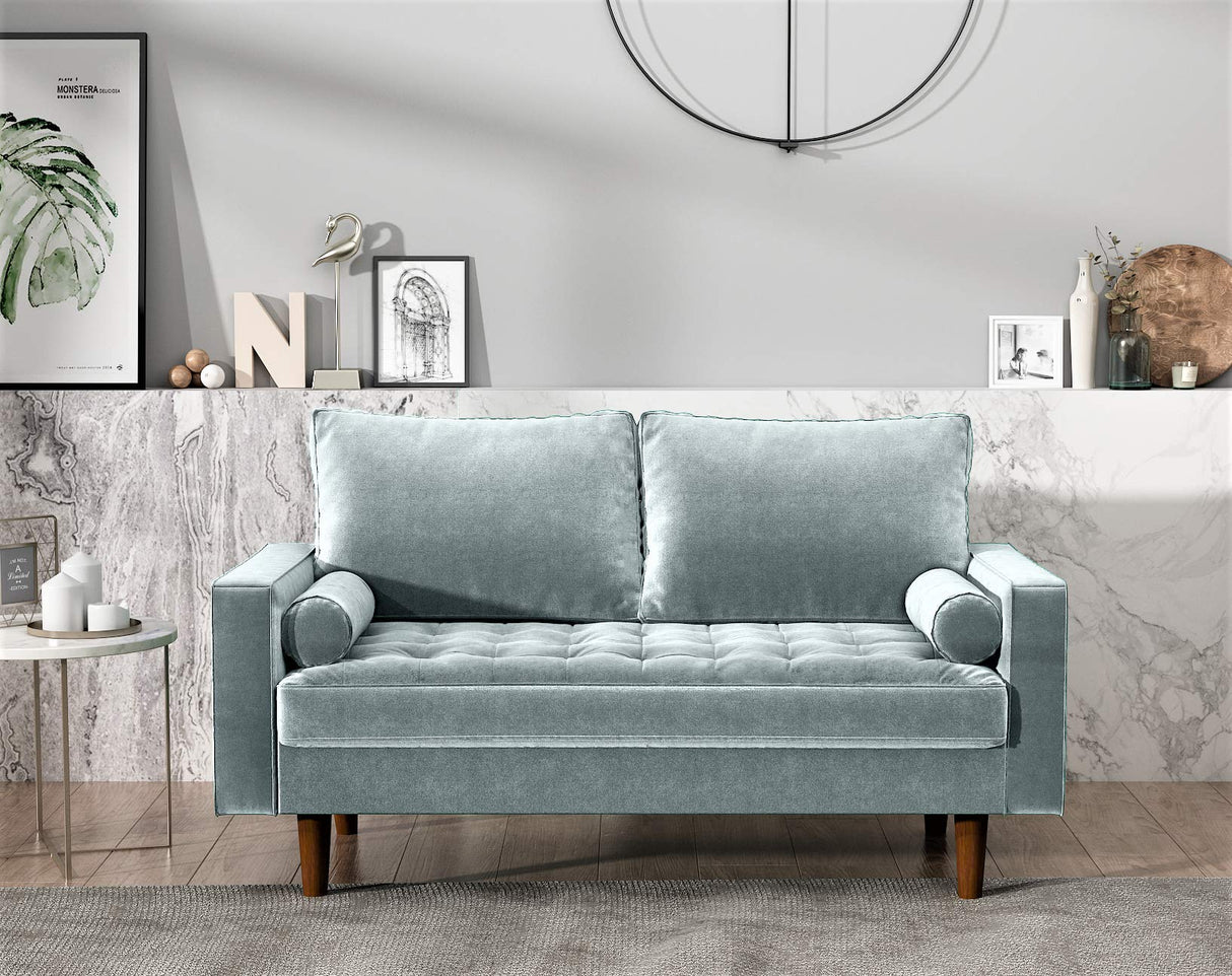 Womble 58 Inch Velvet Loveseat Sofa with Elegant Button Tufted Upholstery, Square Arms, Splayed Wood Legs, Includes Matching Bolster Pillows, Steel Blue