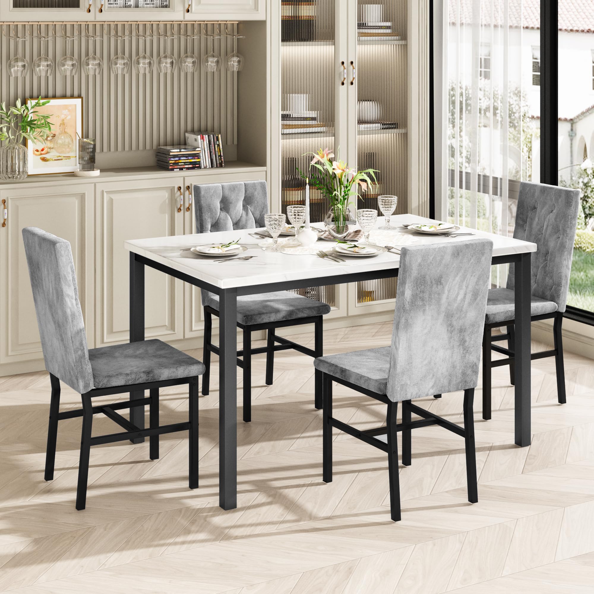 Faux Marble Dining Table Set with 4 Tufted Chairs