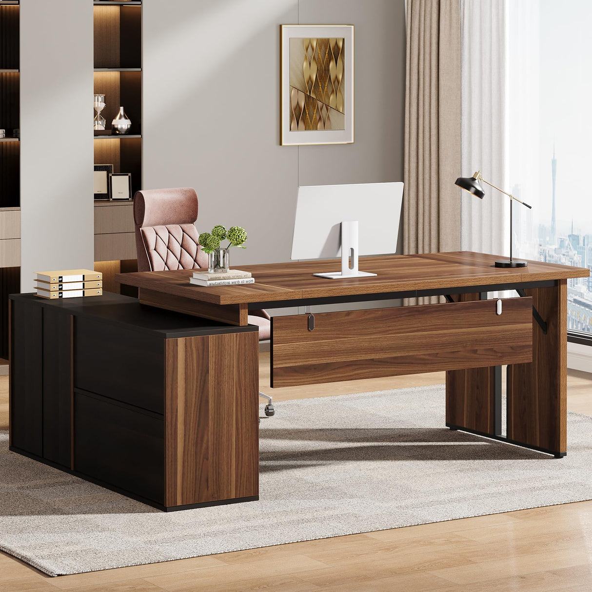 78.74 Inch Executive Desk with Cabinet, L-Shaped Office Desk with Locking