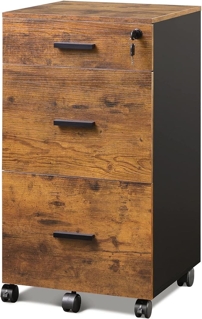 3 Drawer Rolling File Cabinet with Lock, Wood Filing Cabinet fits Letter