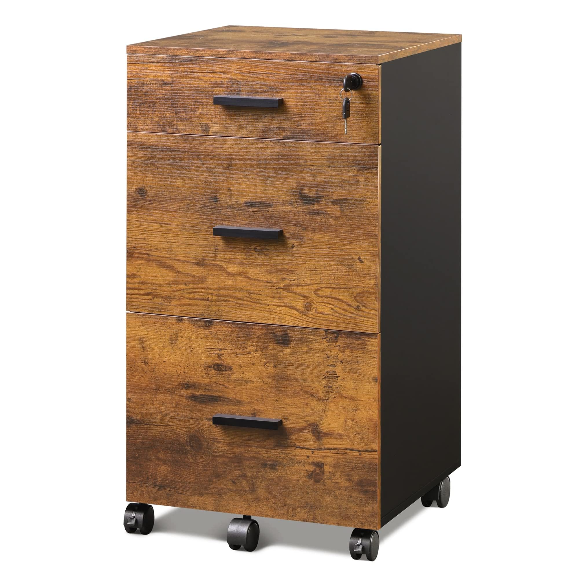 3 Drawer Rolling File Cabinet with Lock, Wood Filing Cabinet fits Letter