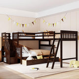 L Shaped Bunk Beds for 3, Triple Bunk Bed with Stairs and 3 Storage Drawers