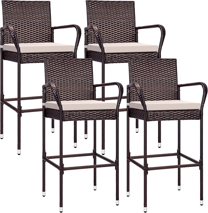 Outdoor Wicker Barstool 4 Packs, Bar Chairs PE Rattan Materail, Patio Stools with Cushions