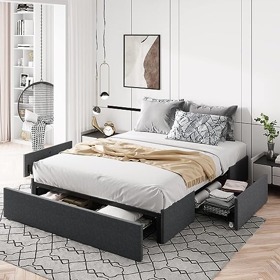 Queen Size Platform Bed Frame with 3 Storage Drawers