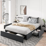 Queen Size Platform Bed Frame with 3 Storage Drawers, Faux Leather Upholstered