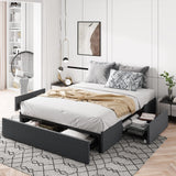 Full Size Platform Bed Frame with 3 Storage Drawers, Fabric Upholstered, Wooden Slats Support