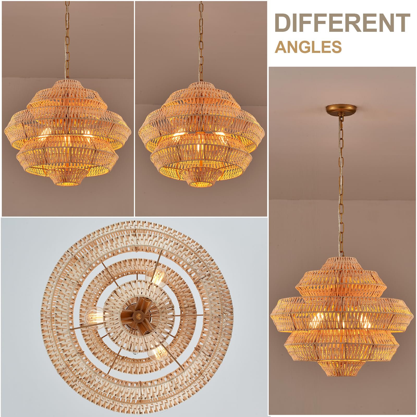22” Hand Woven Rattan Chandelier 5 Round Adjustable Boho Pendant Light Farmhouse