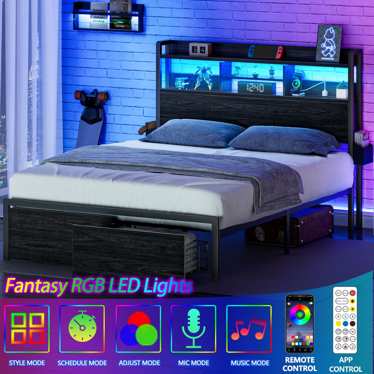 Full Size Bed Frame with LED Lights & Storage Drawers