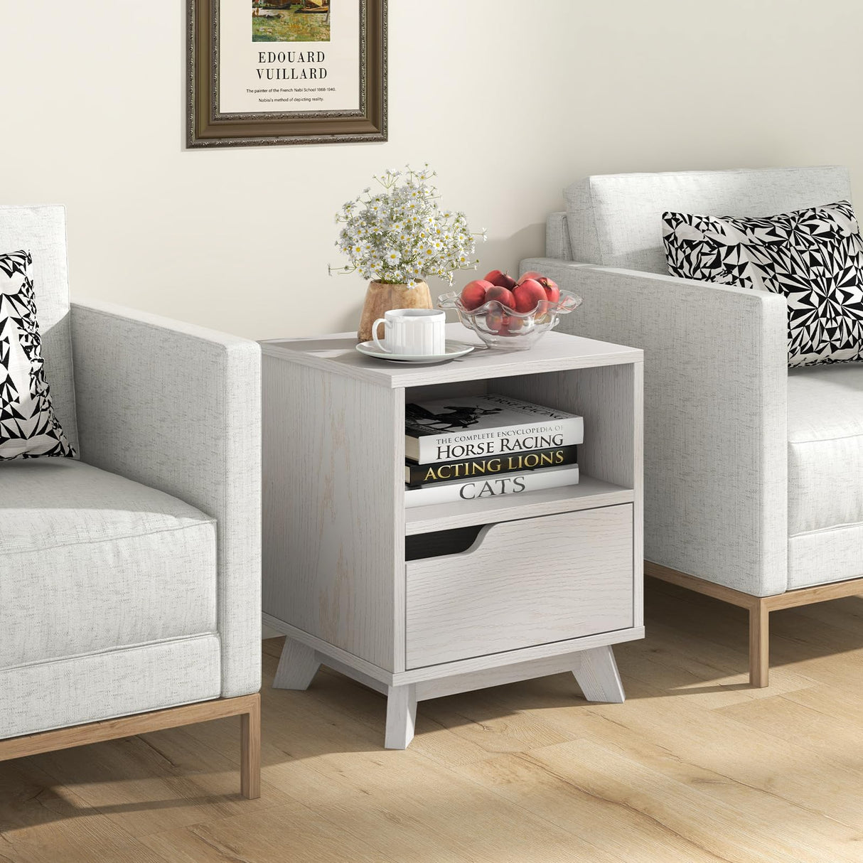 Nightstand with Drawer Set of 2, Modern Sofa Side Table with Open Shelf, Space-Saving