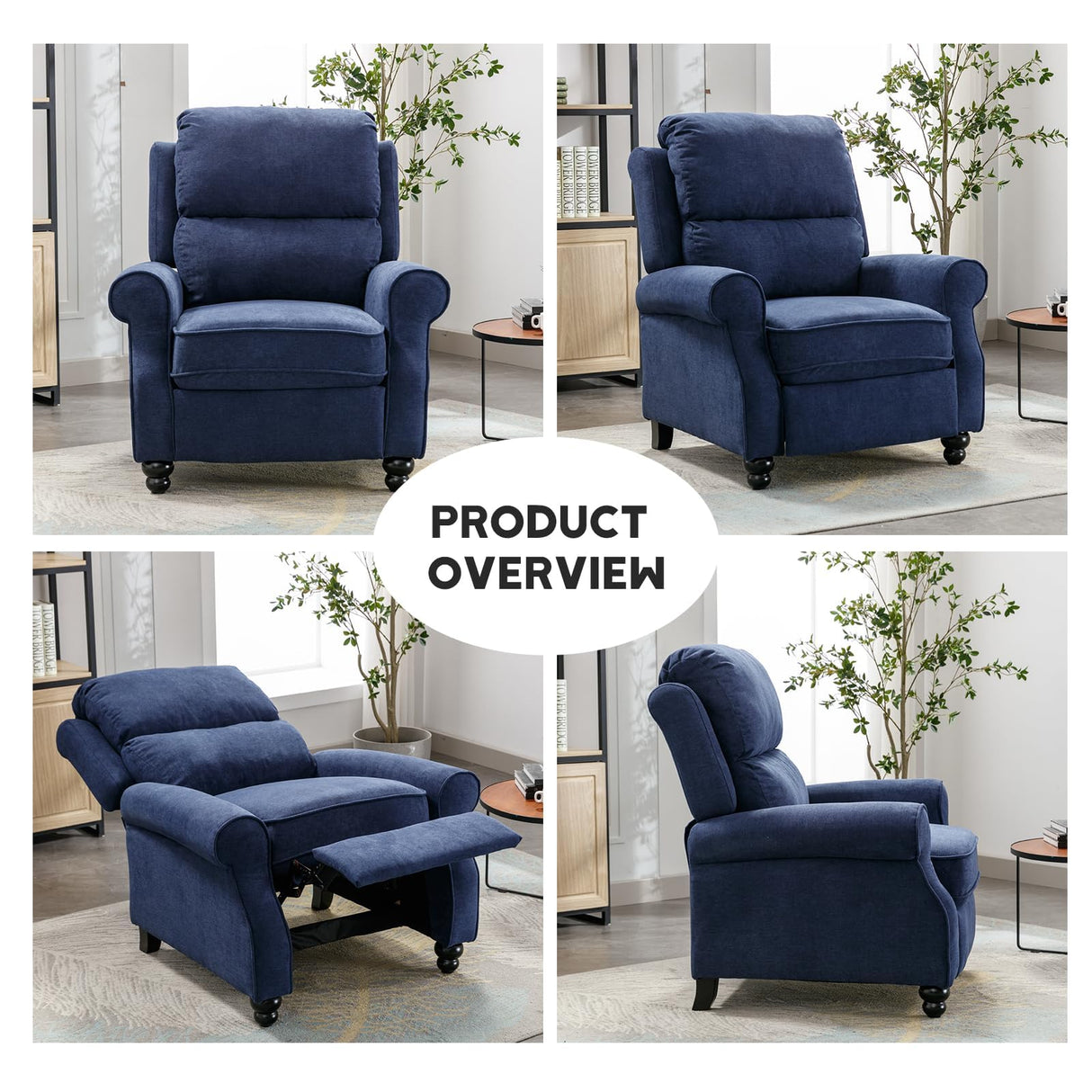 Bonzy Home Navy Blue Pushback Recliner Chair for Adults, Manual Fabric Accent Chair Recliner for Living Room Bedroom