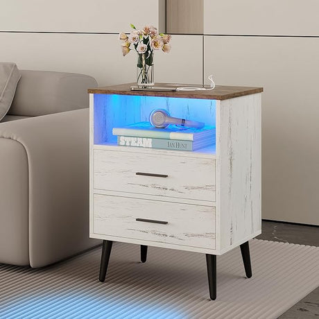 Mid Century LED Nightstand, 3 Colors Dimmable Light, Bedroom Wood Night Stand with Charging Station