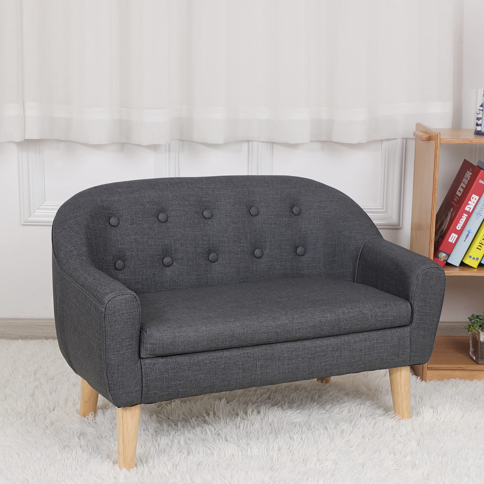 , Toddler Sofa Couch, PVC 2-Seat Upholstered Children Sofa Chair with Wooden Legs