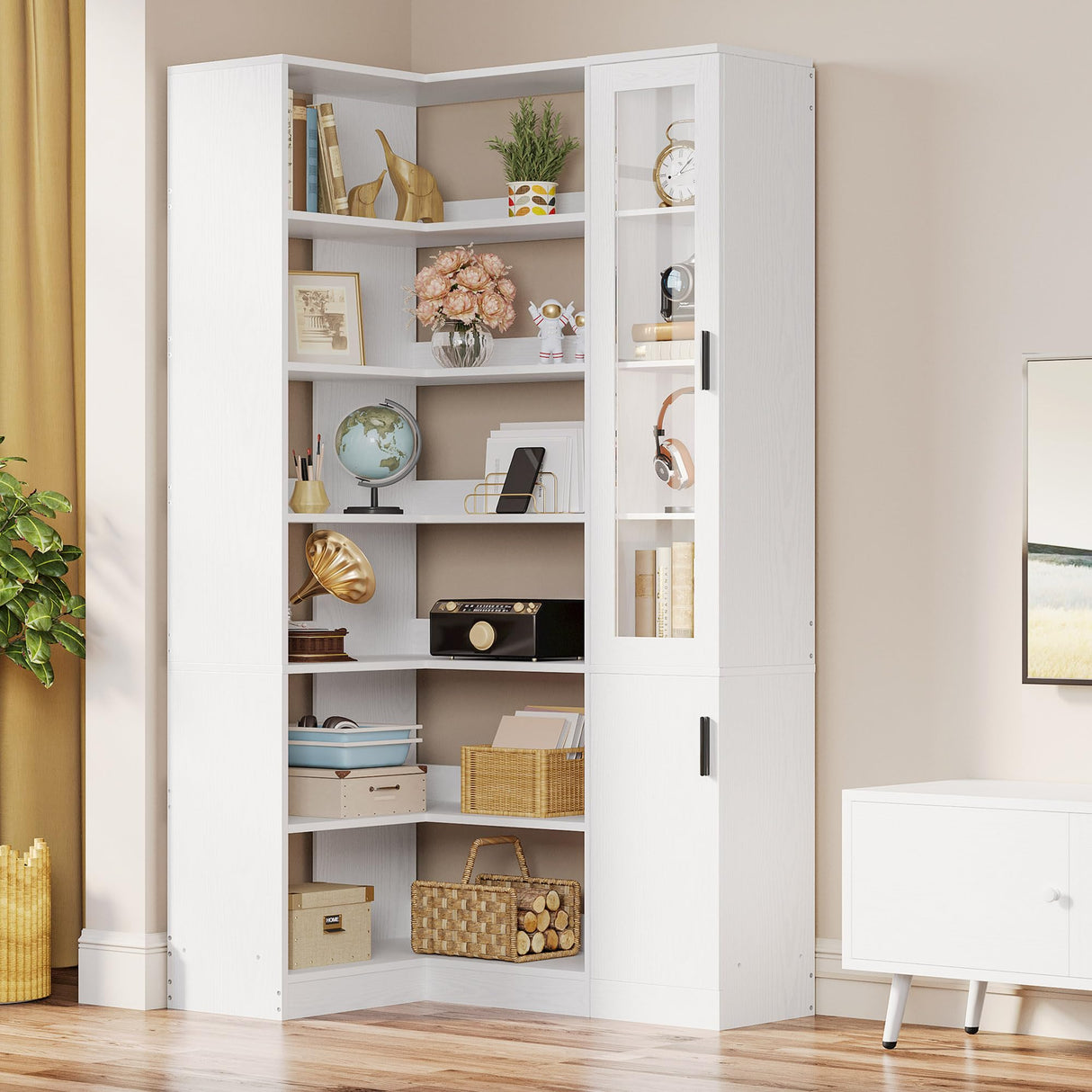 Bookshelf, 6-Tier Bookshelf with Doors and Storage, L Shaped Corner Bookshelf for Bedroom,