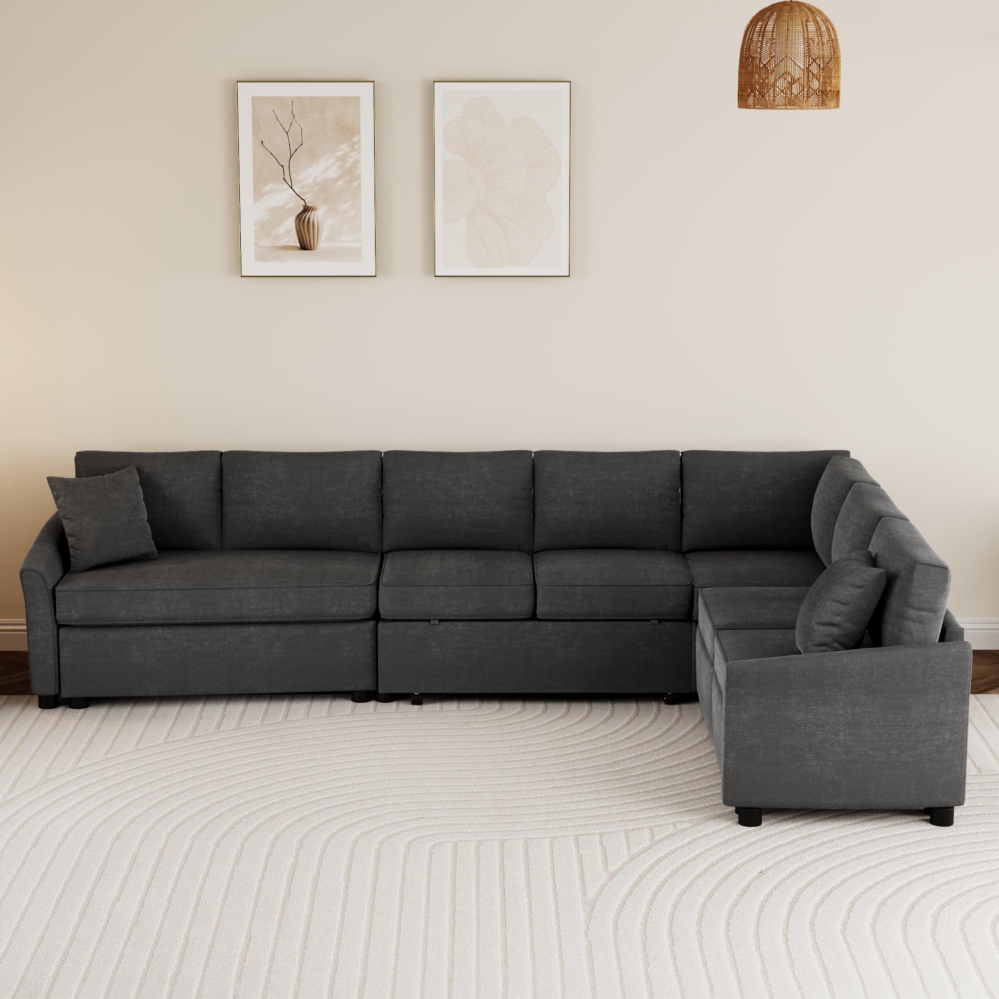 125" Pull Out Sleeper Sofa Bed with 2 Back Pillows,Oversized L-Shaped Sectional