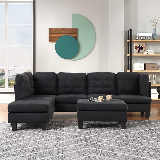 3 Piece Modern Tufted Micro Suede L Shaped Sectional Sofa