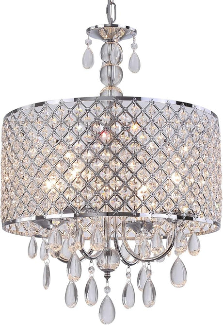 Modern Round Crystal Chandelier,Antique Beaded Drum Shade Copper Bronze 4 Lights