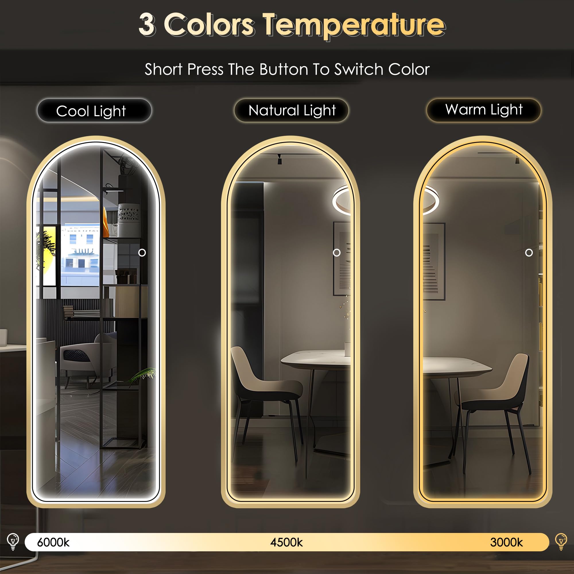sogesfurniture Full Length Mirror with LED Lights, 64"x20"Floor Mirror with Stand Wall Mounted Hanging Mirror with Lights Free Standing Floor Mirror for Bedroom,Dressing Room, Arched&Glod