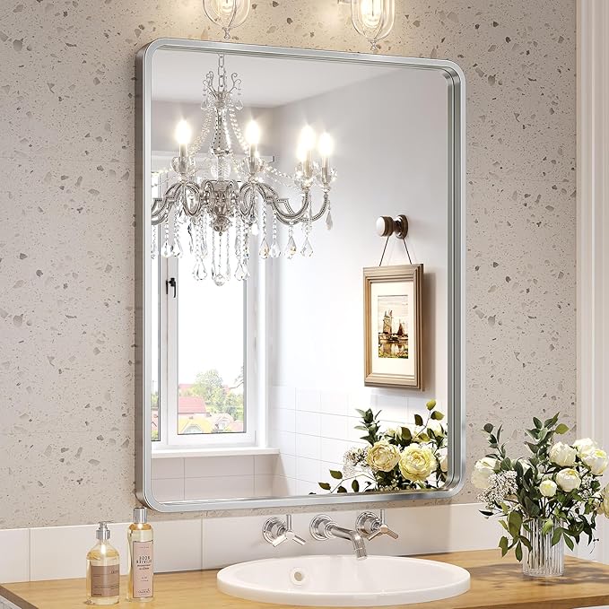 Silver Bathroom Mirror for Wall, 24x36 Inch Rectangular Metal Framed Mirror