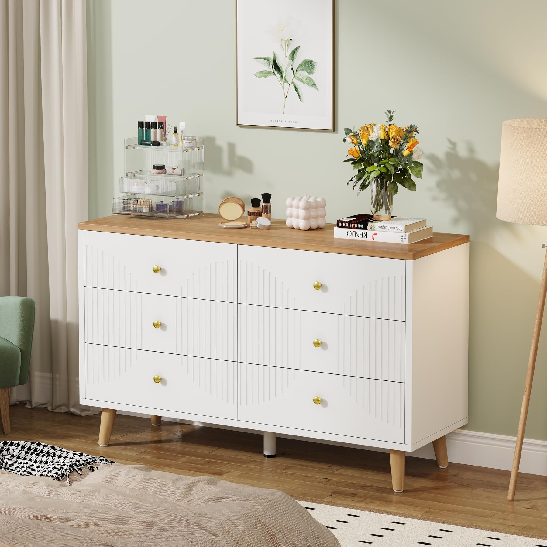 6 Drawer Dresser, 47 inch Modern White Dresser for Bedroom