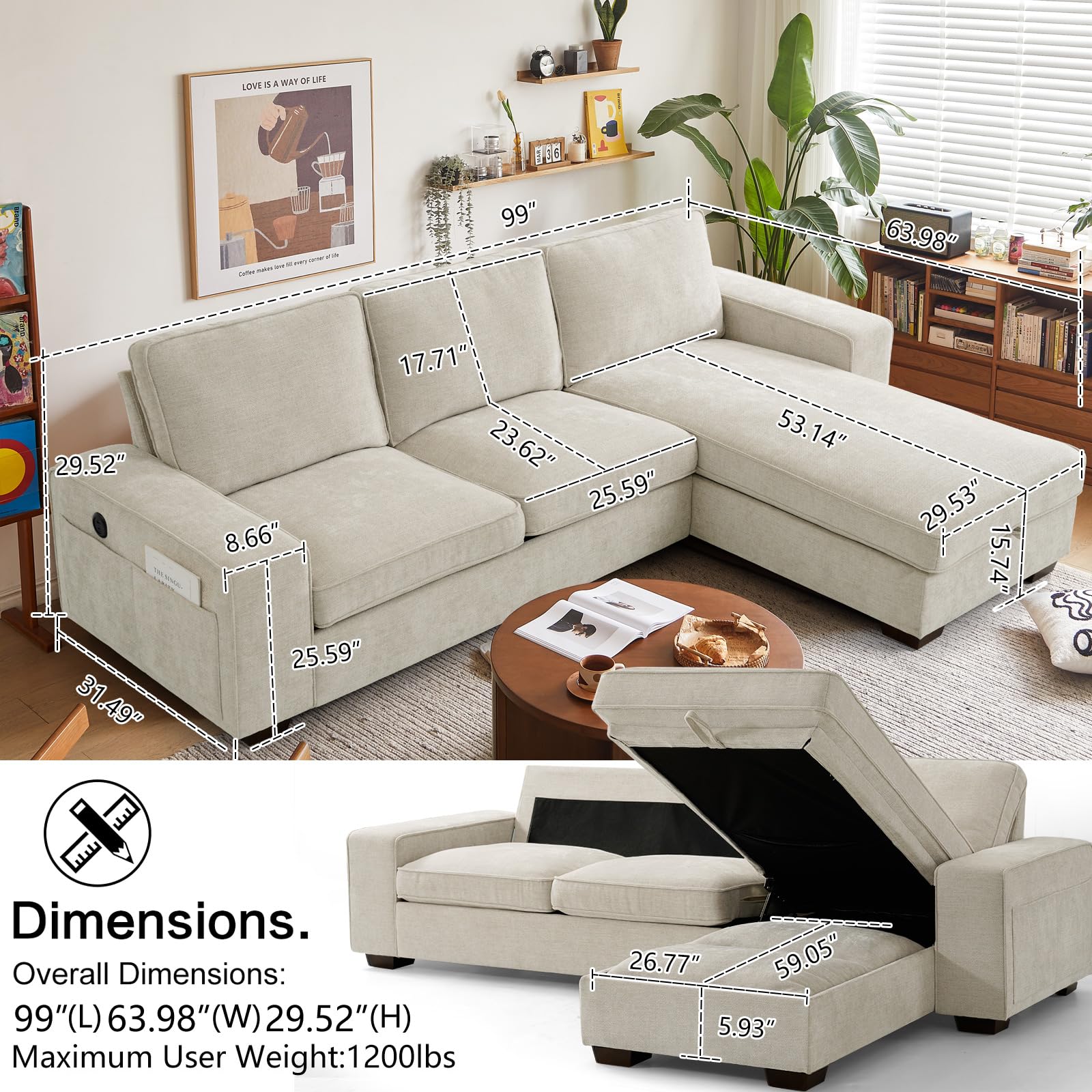 ASHOMELI 99″ Convertible Sectional Sofa with USB & Type-C Charging, Reversible L-Shaped Couch