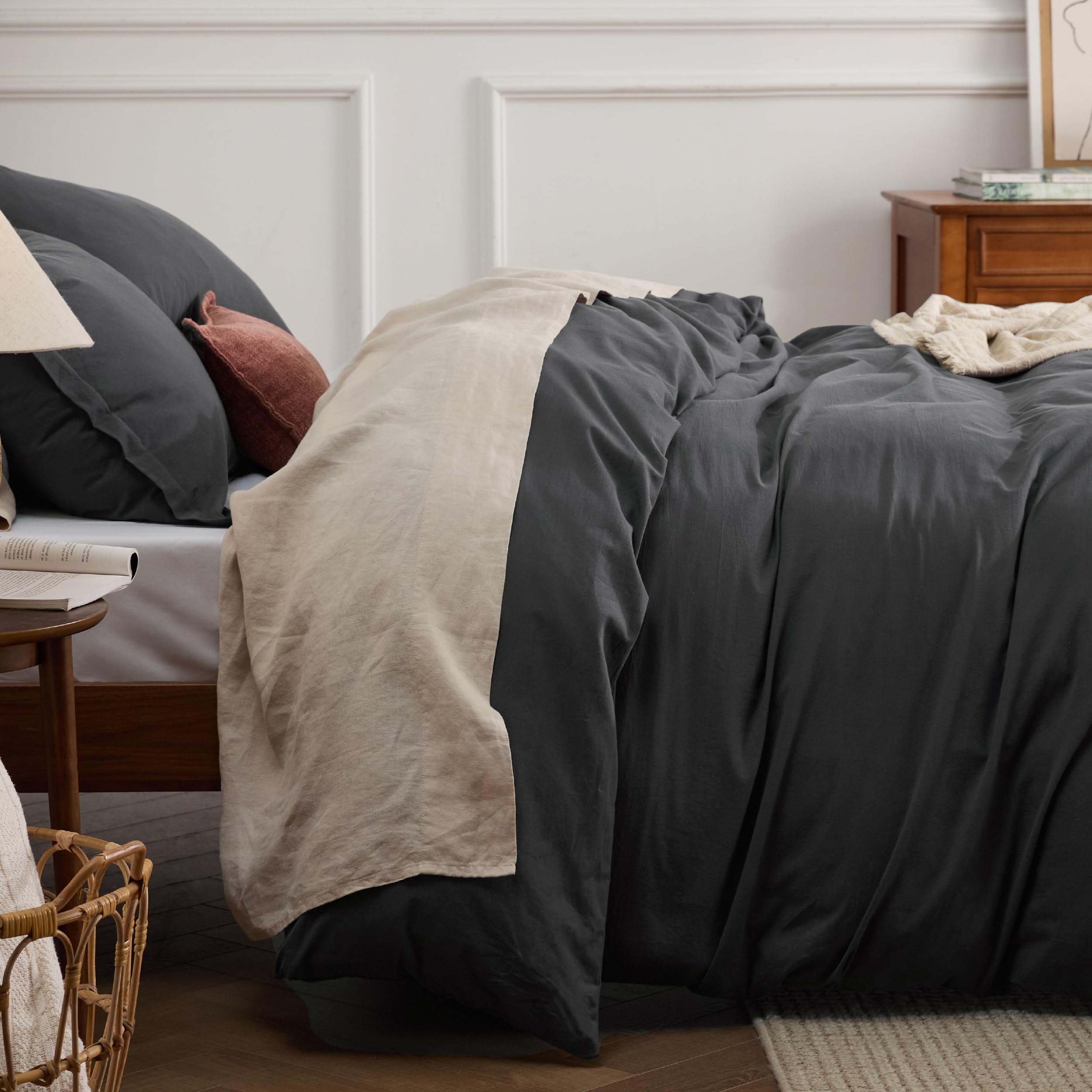 100% Stone Washed Cotton Duvet Cover King - Charcoal Minimalist Cotton Duvet Cover