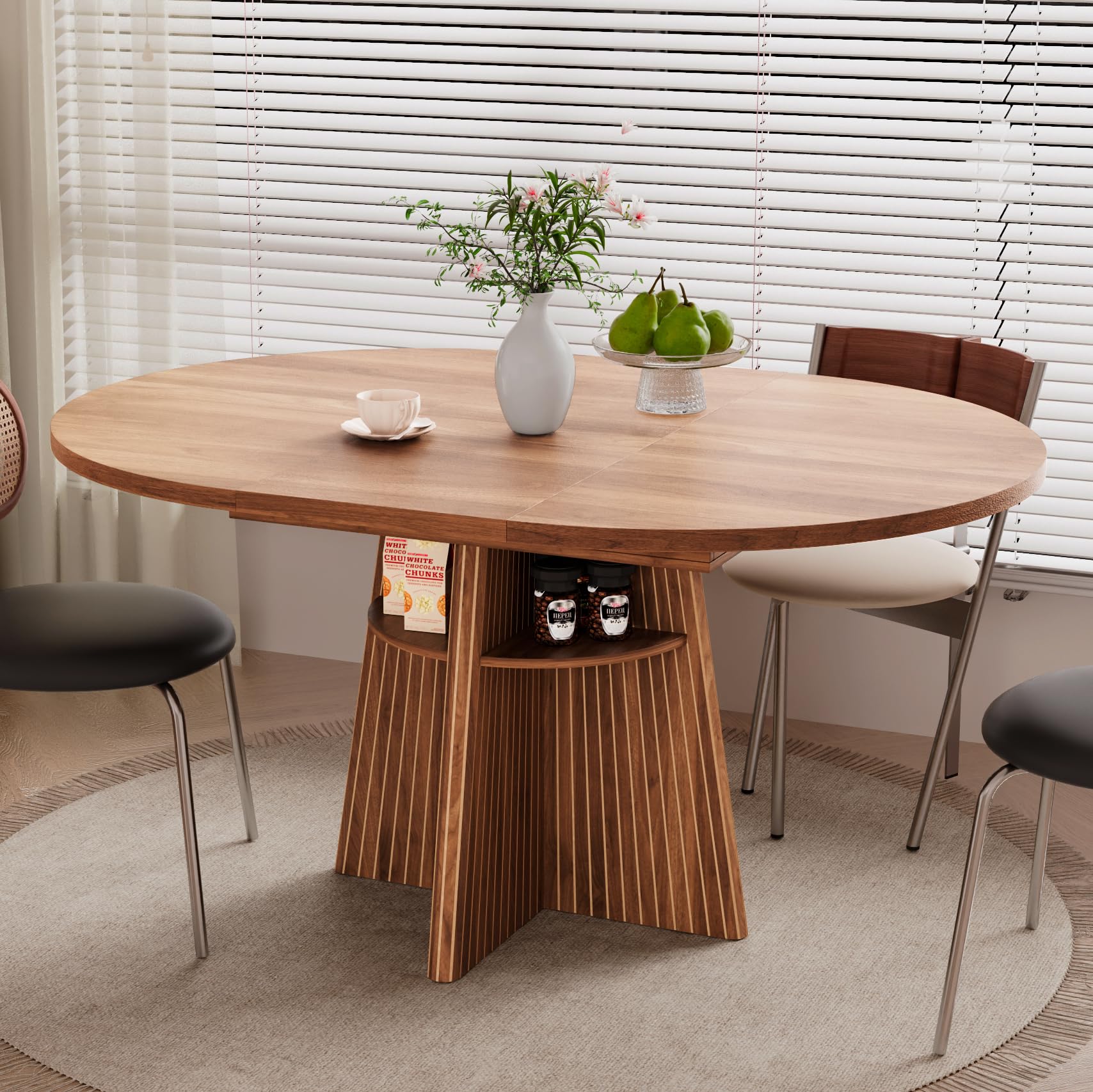 Extendable Round Dining Table with Storage Shelves