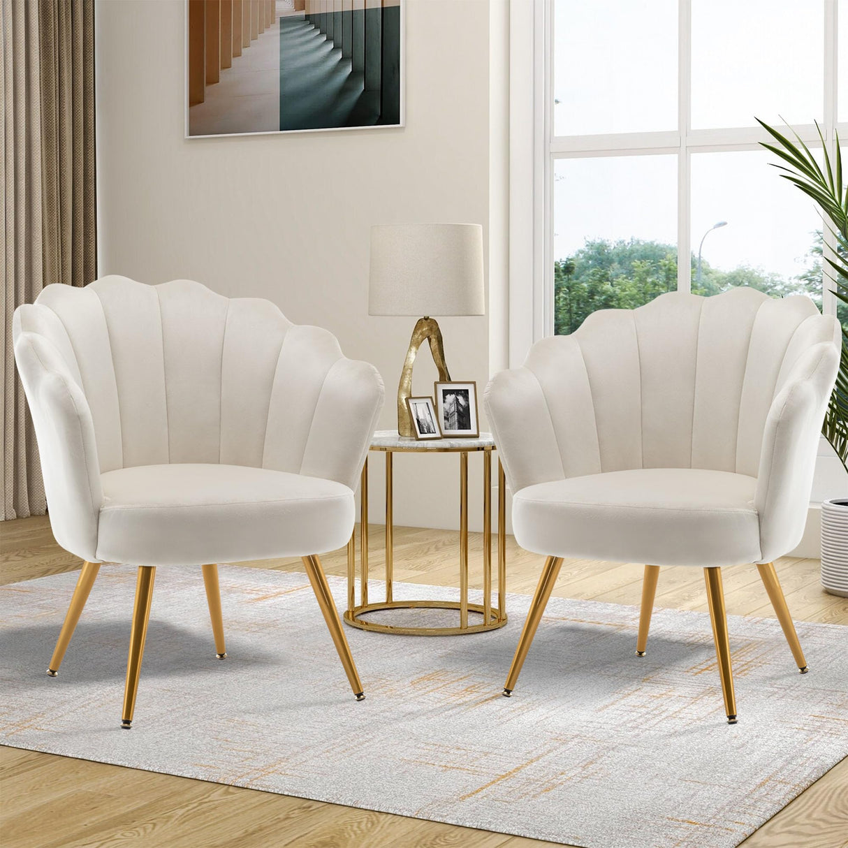 velvet Living Room Chair Accent Chairs, Upholstered Vanity Chair for Makeup Room, Modern Barrel Arm Chair Guest Leisure Chair Comfy for Bedroom-Ivory