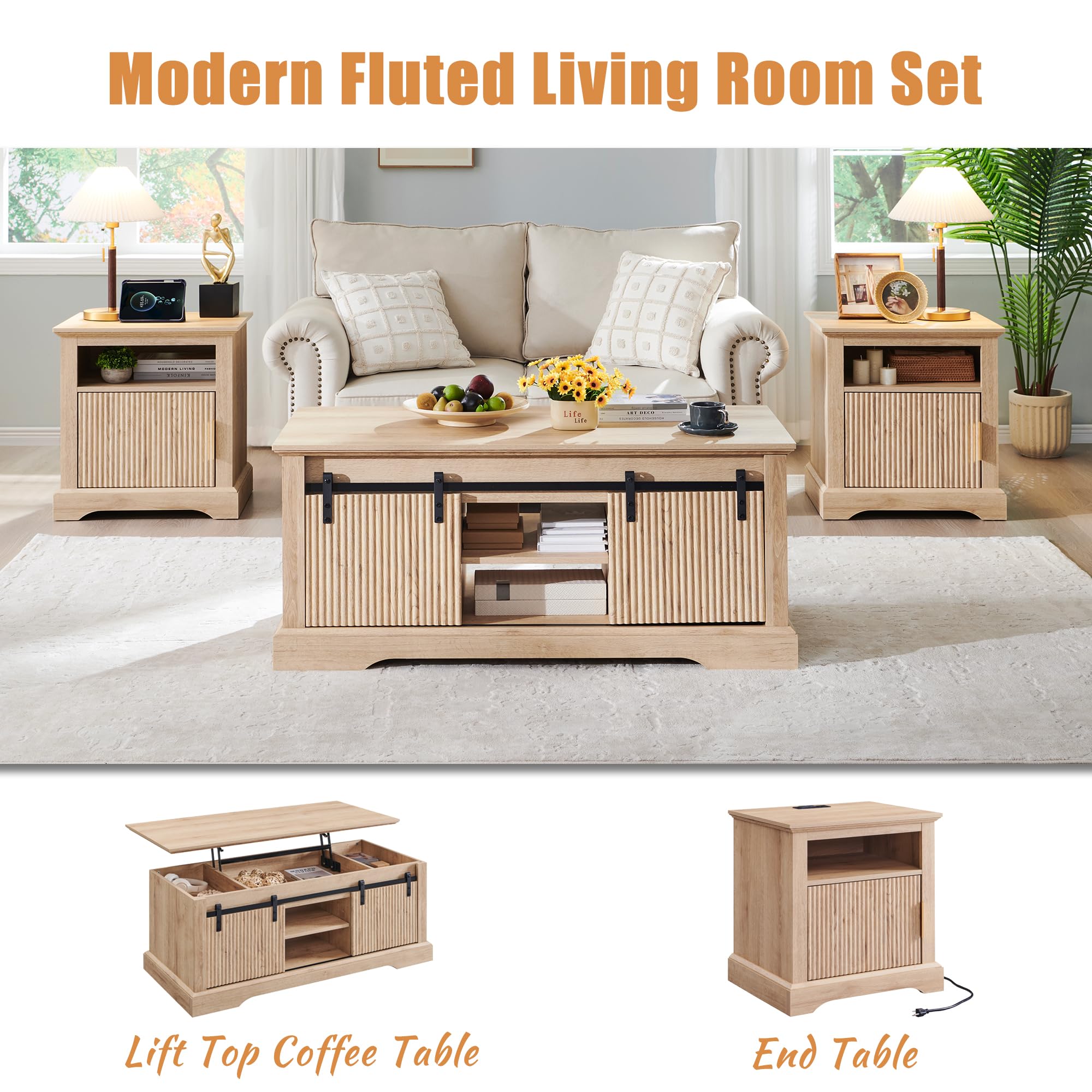 Fluted Nightstand with Charging Station, 22" Large Modern Side Table, Wood End Table