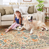 8x10 Washable Area Rug - Beige Botanical Print