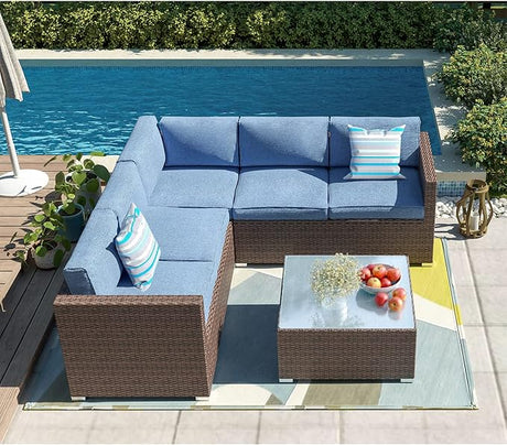 Patio Furniture Sectional Sofa w Fire Pit Table,6 Pieces Outdoor Furniture Set w 32-inch 40