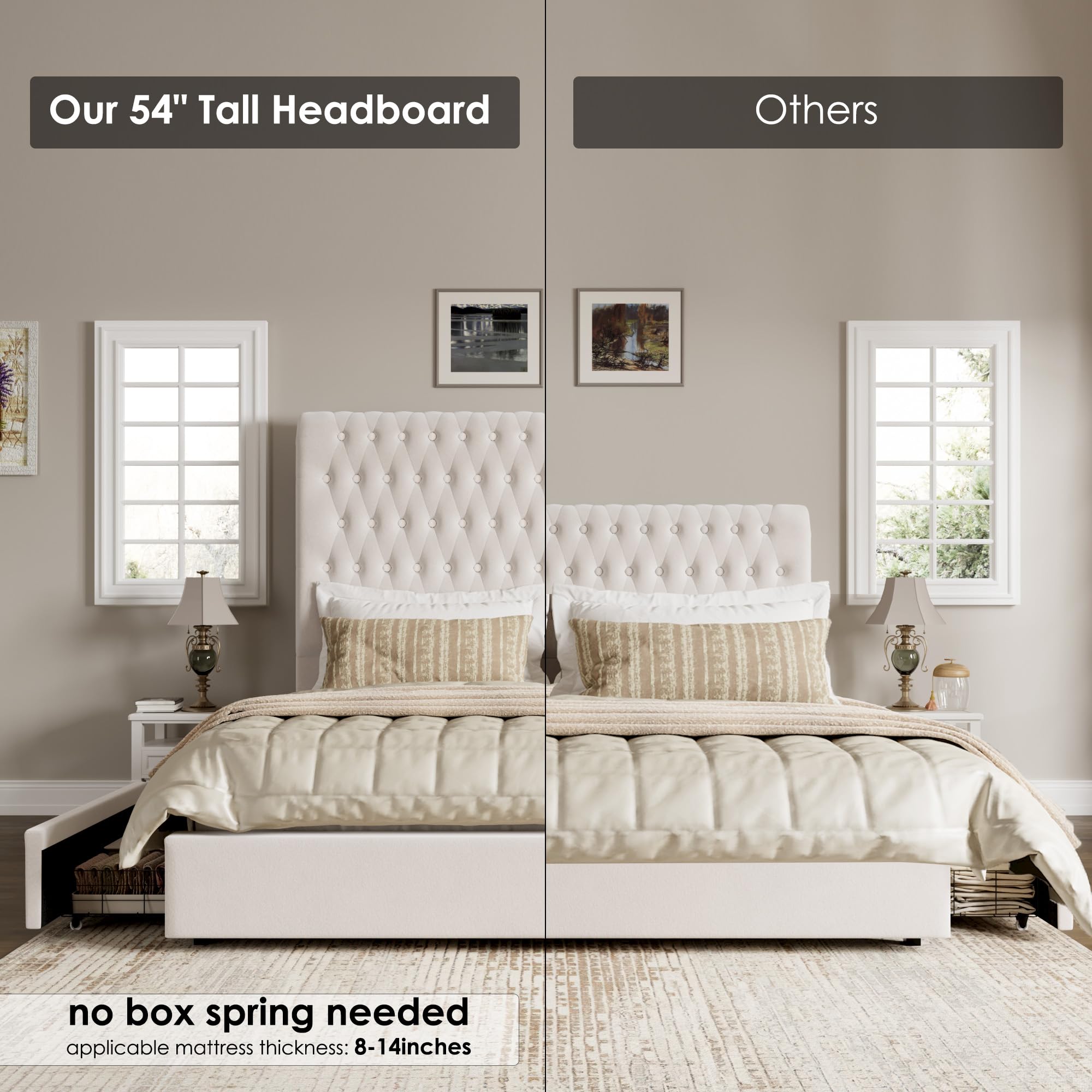 Queen Upholstered Bed Frame with Storage - 54" Tufted Headboard