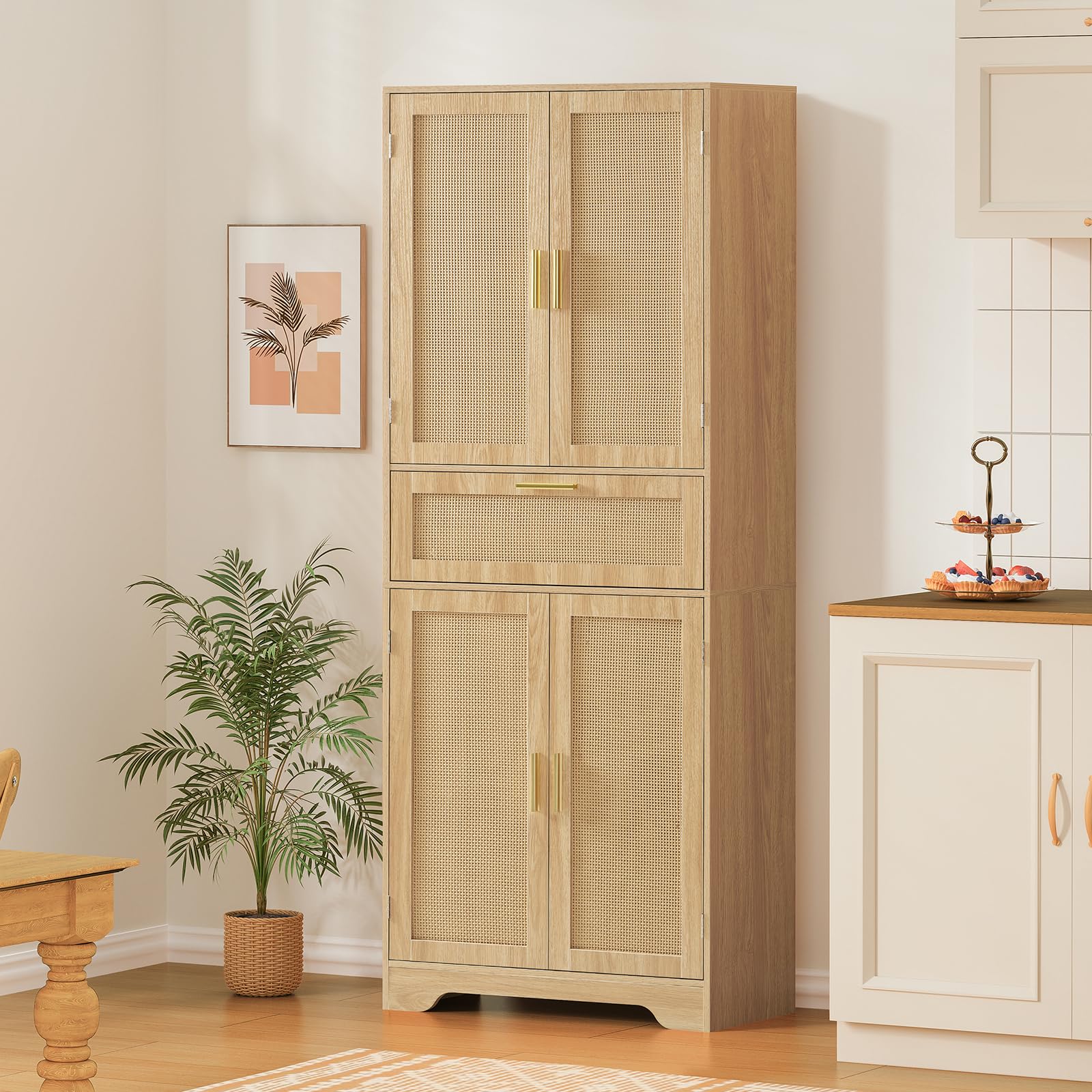 67" H Tall Rattan Storage Cabinet with 2 Adjustable Shelves & 1 Large Drawer, Pantry
