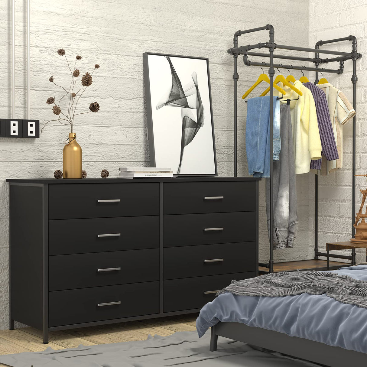 8 Drawer Dresser for Bedroom, Industrial Wood Dresser Wide 8 Chest of Drawers,