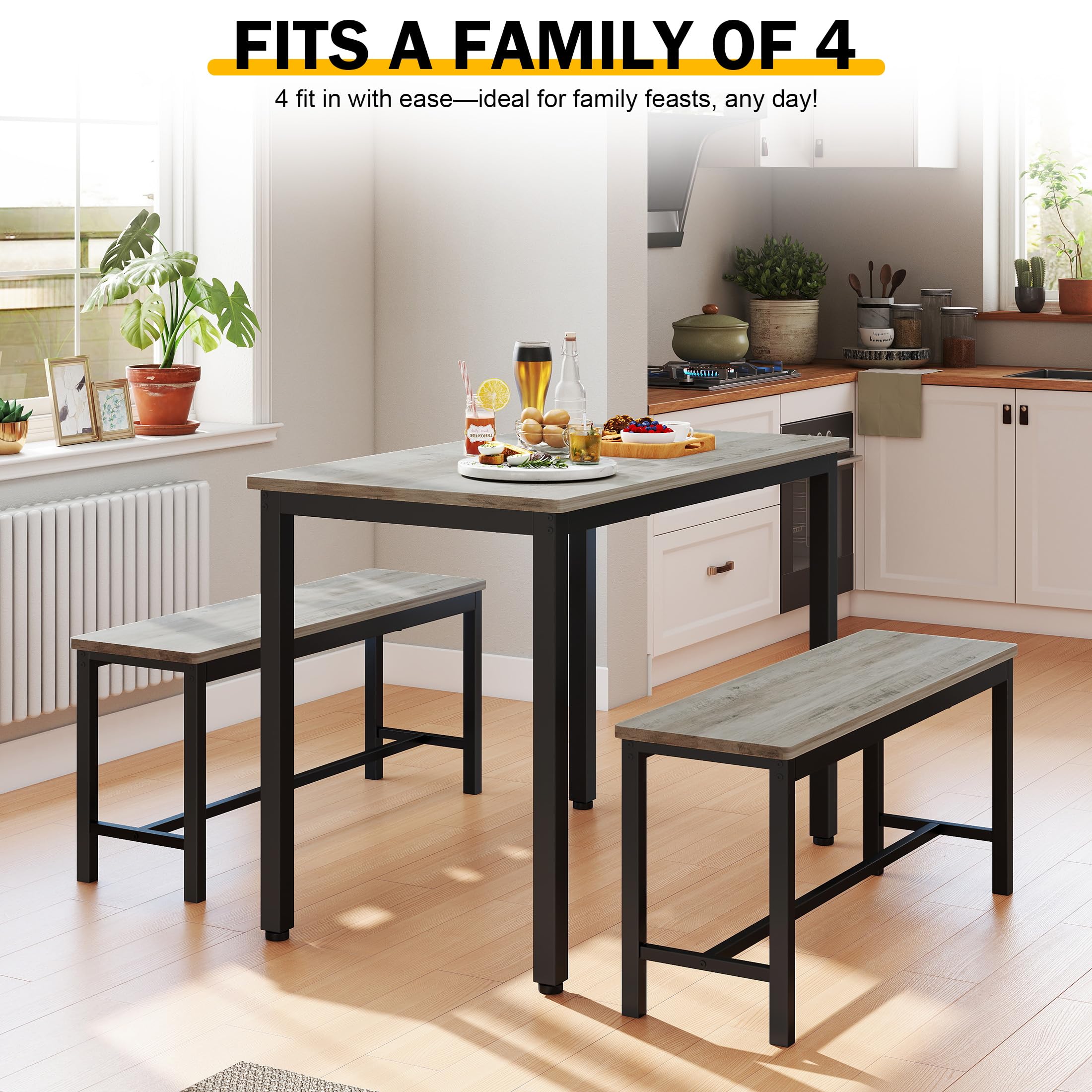 5-Piece Dining Table Set with Bench for 4 - Space-Saving Kitchen Table, Grey
