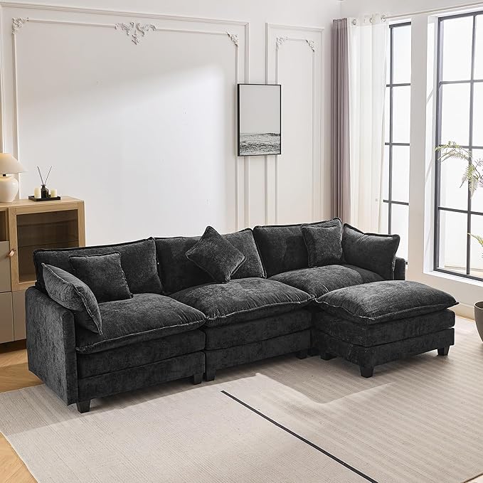 Modular Sectional Sofa Couch L-Shaped with Convertible Ottoman for Living Room, Modern Contemporary 3-Seat Sofa Couch for Apartment Office, Chenille Fabric, Beige