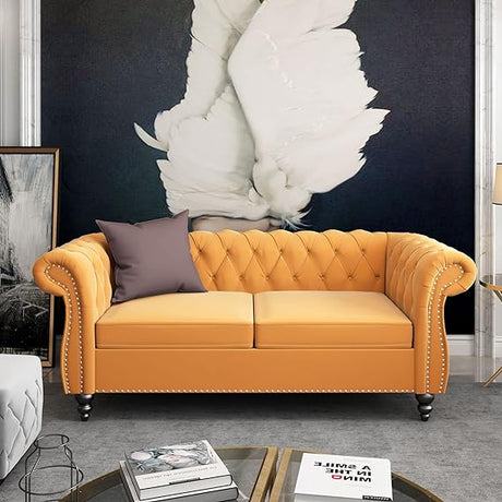 Modern Tufted Couch 3 Seater with Rolled Arms and Nailhead