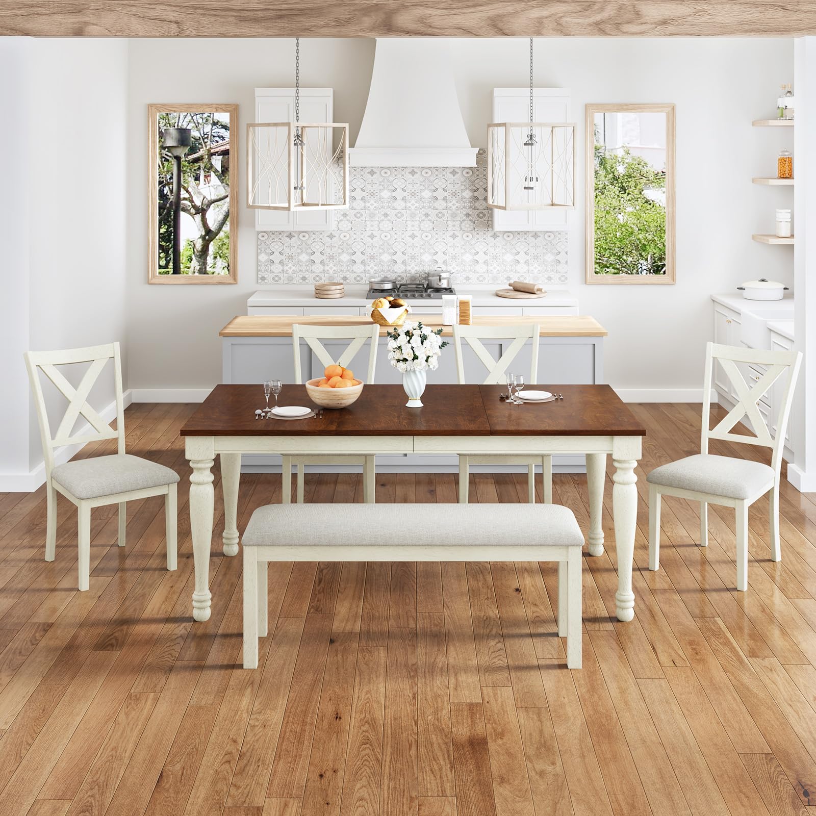 71" Solid Wood Dining Table Set, Large Dining Table with 4 Upholstered Chairs & 1 Long
