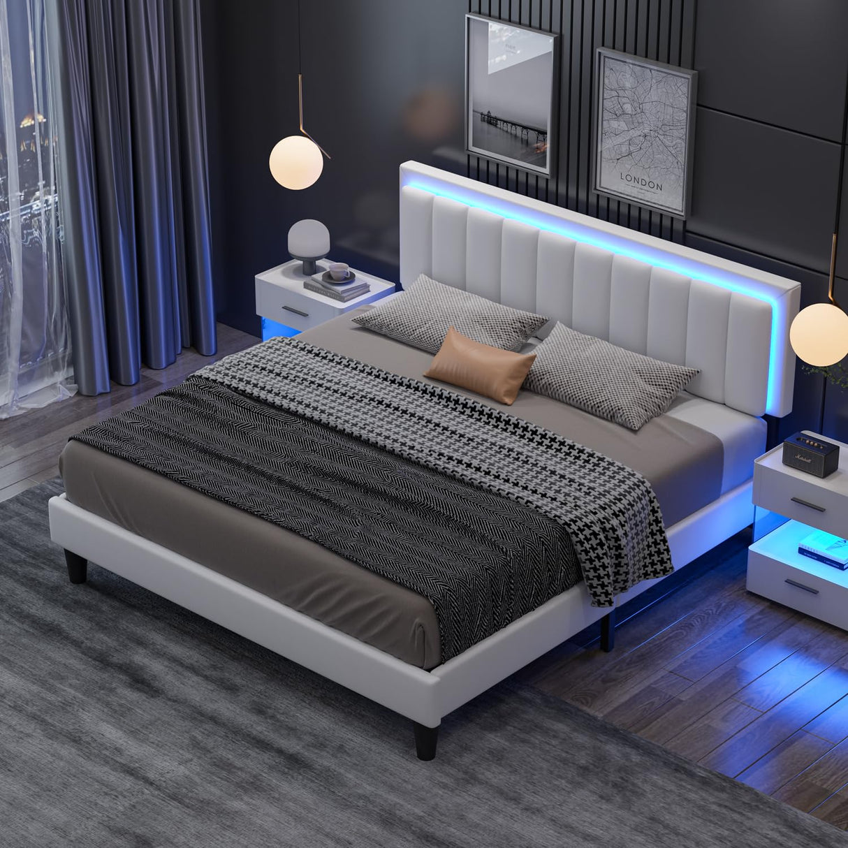 Queen Size Bed Frame with LED Lights, Upholstered Bed Frame Queen with Faux Leather
