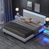 Queen Size Bed Frame with LED Lights, Upholstered Bed Frame Queen with Faux Leather