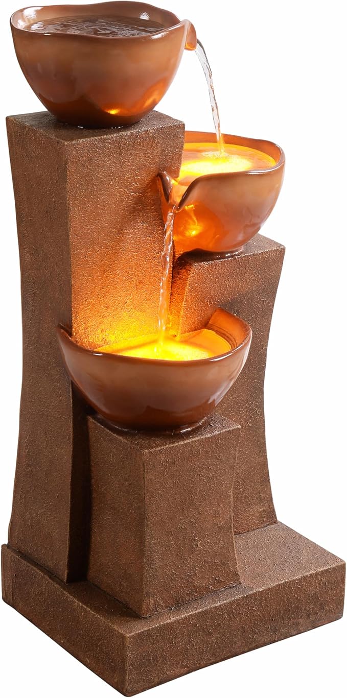 28.54 in. 3-Tier Cascading Outdoor Water Fountain with LED Lights for Gardens