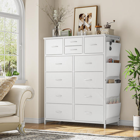 White Dresser with 12 Drawers, Tall Dresser for Bedroom, Chests of Drawers with Side Pockets