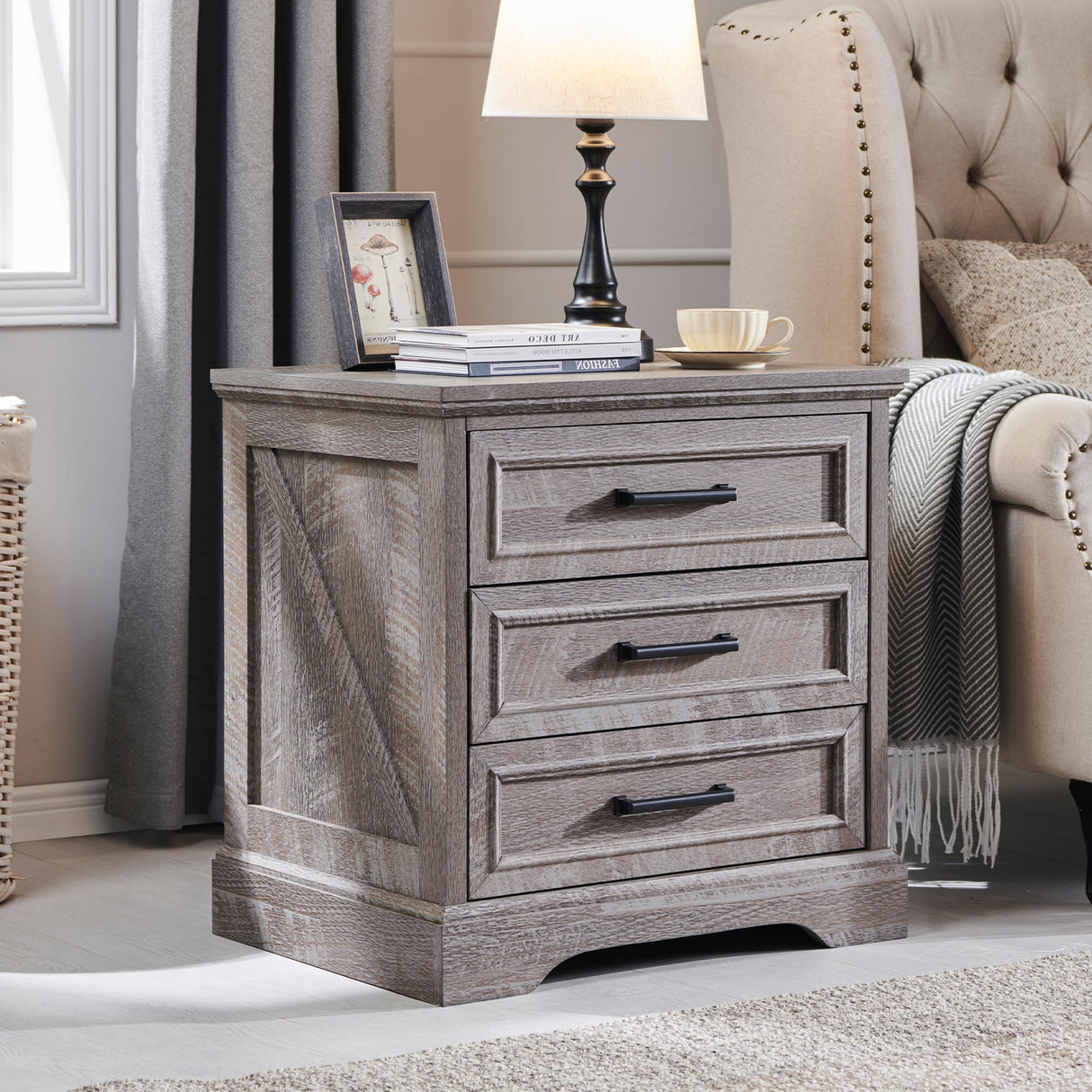 Farmhouse Nightstand with Charging Station, 24 Inch Wide End Table