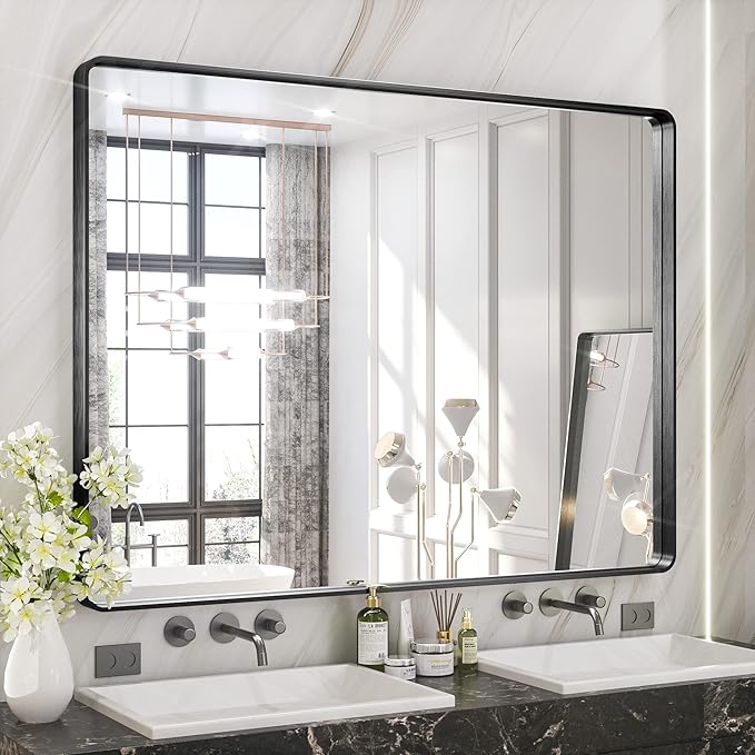 Bathroom Mirror, Champagne Gold Brushed Metal Framed Modern Vanity
