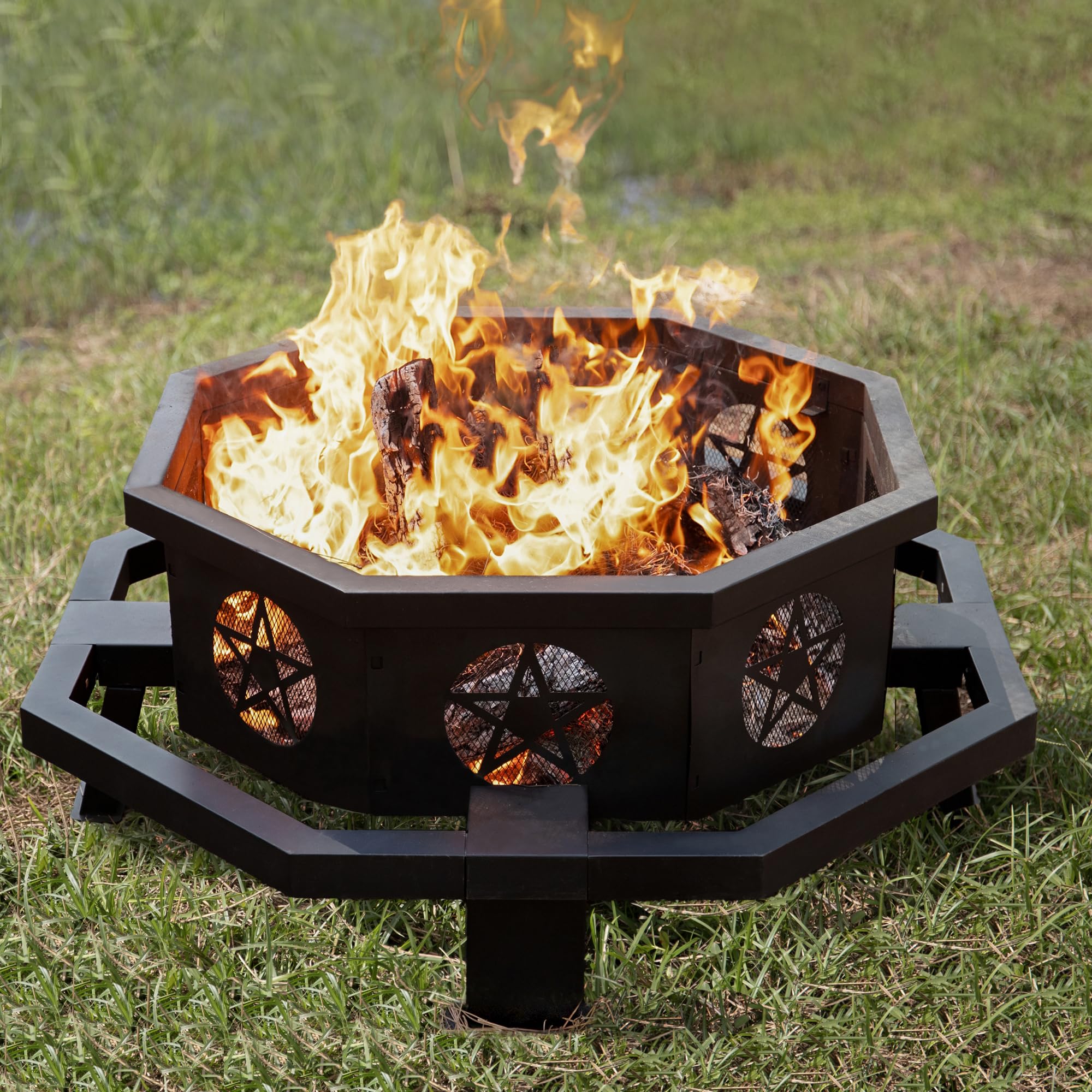 Verdeluxe 43 Inch Octagonal Fire Pit with Cooking Grill,Outdoor Wood Burning Fire Pit for Camping Outside Picnic Bonfire,Heavy Duty Firepit for Backyard Garden Patio - Bircata