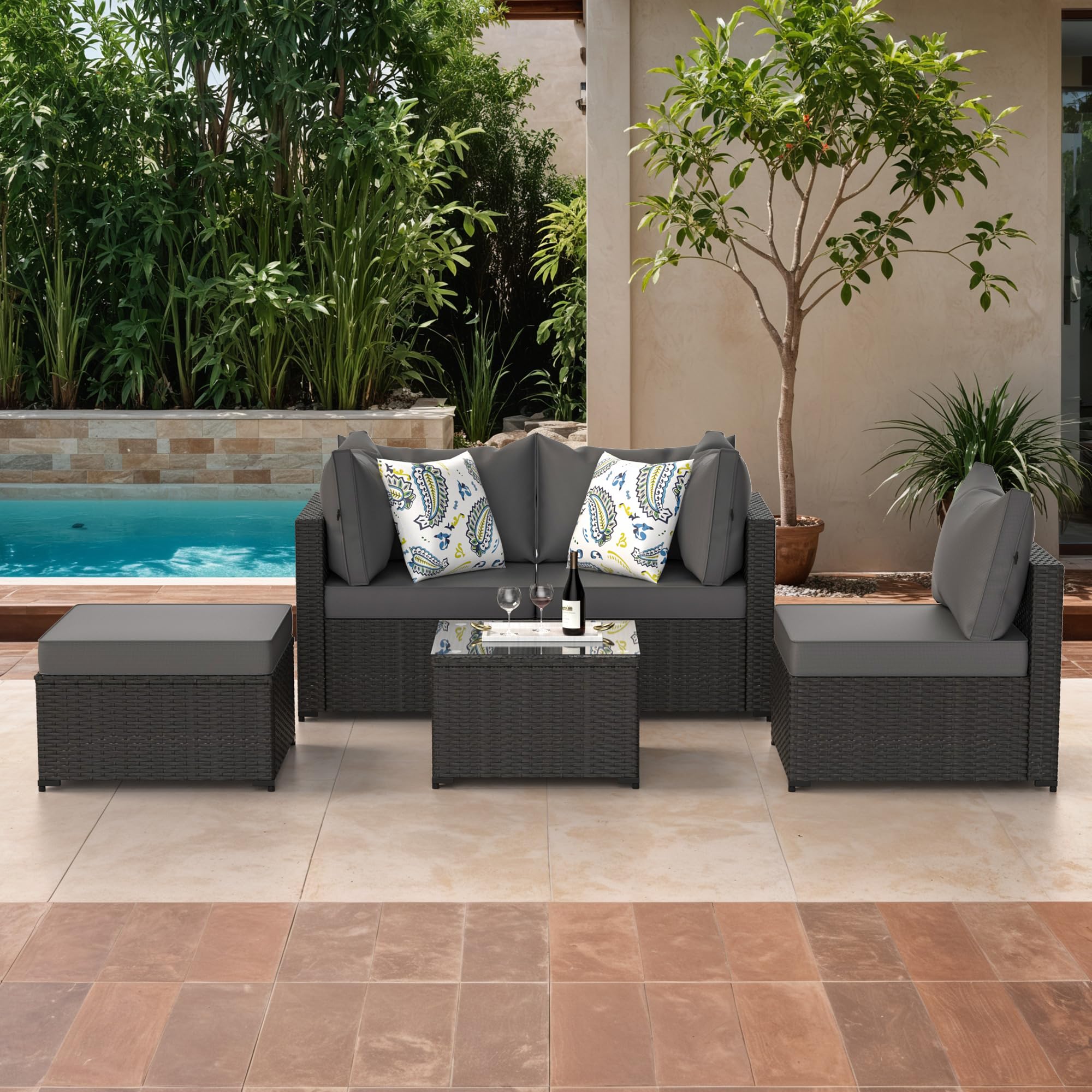 Patio Furniture Set Outdoor Sectional Sofa with Ottoman Wicker Couch Rattan Modular